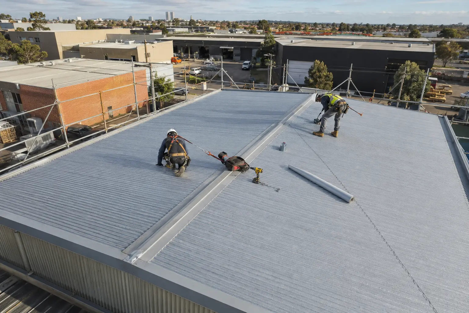 Concept image of two roofers on a low-rise commercial metal roof