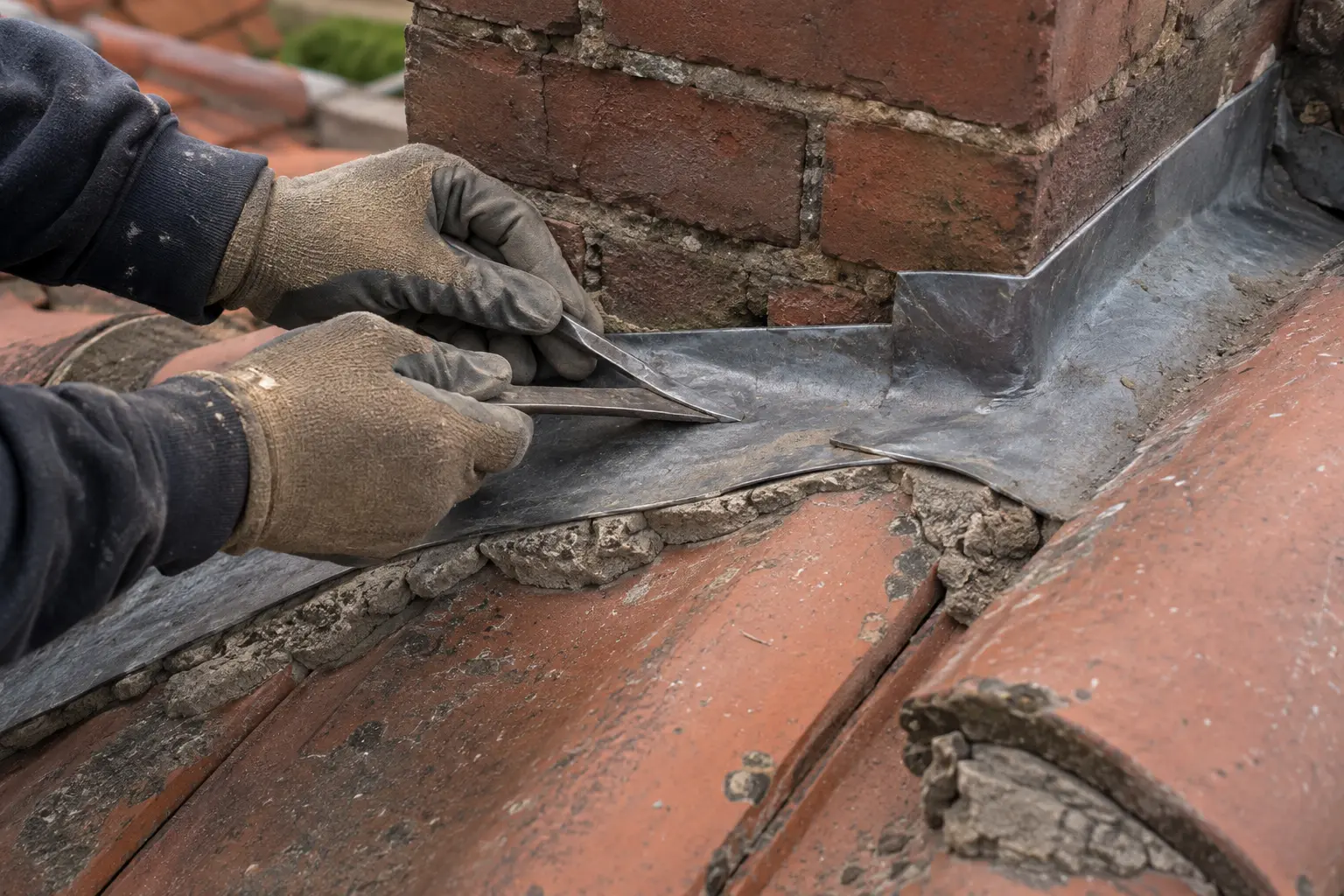 Concept image showing gloved hands repairing roof flashing