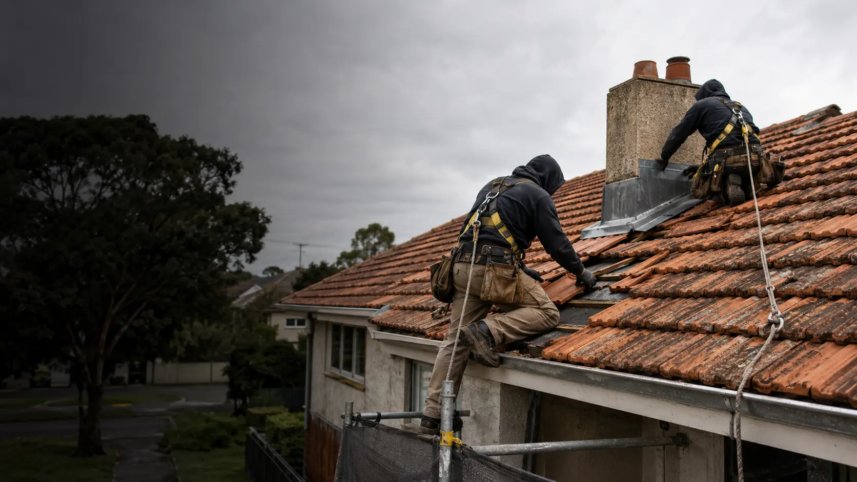 Concept image of two roofers repairing a weathered terracotta roof